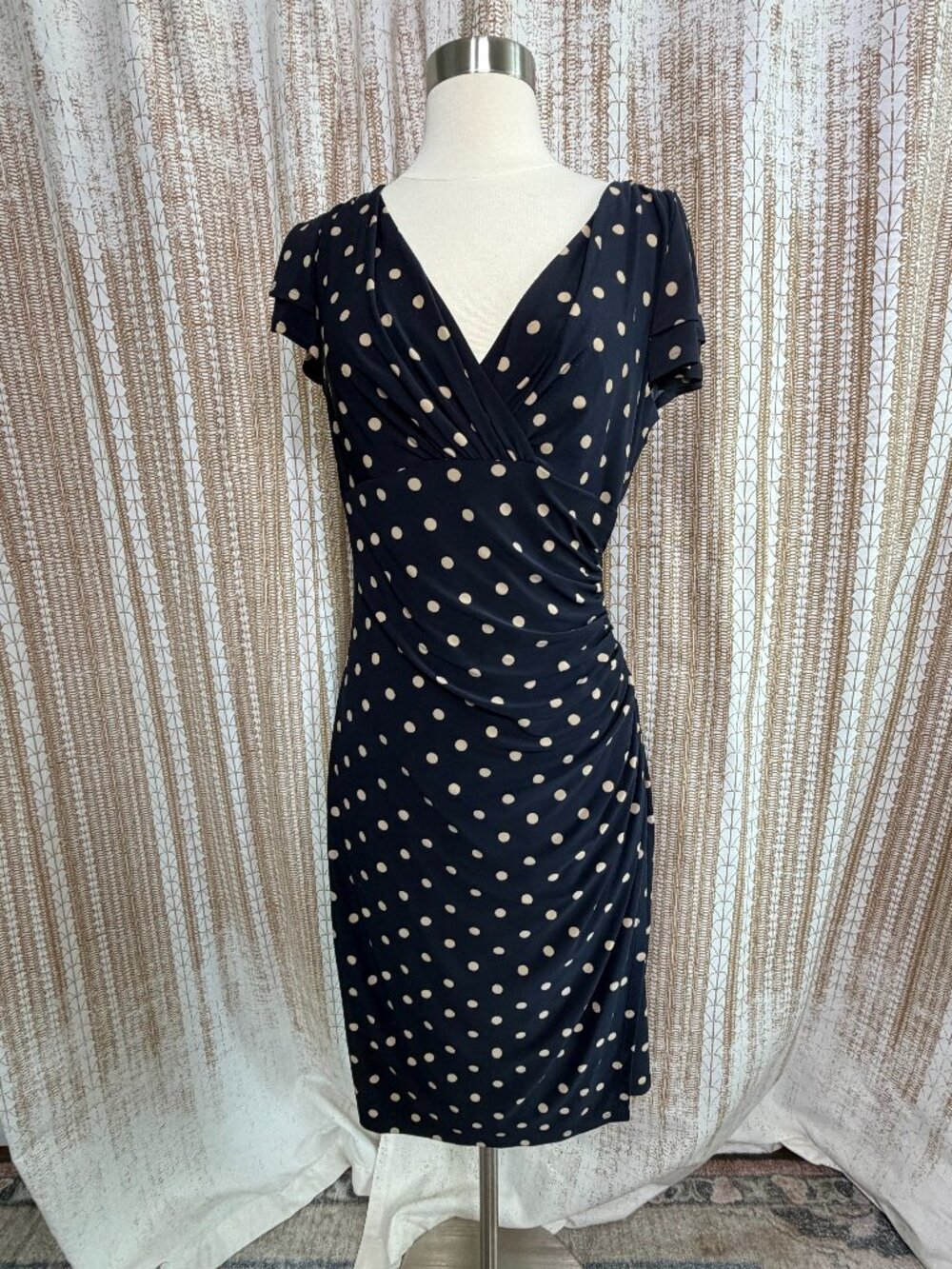 Lauren Ralph Lauren Size 8 Navy Polka Dot Ruched Faux Wrap Dress